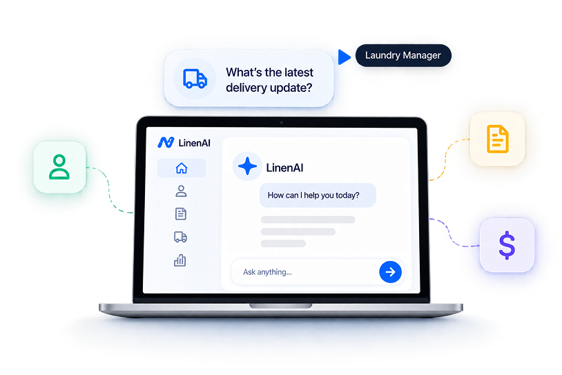 LinenAI answering a delivery question on a laptop